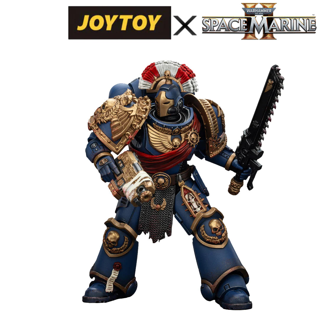 Warhammer 40,000: Space Marine 2 Ultramarines Relic Secundus Armor with Artificer Bolt Rifle, Chainsword and Bolt Pistol 1/18 Scale Action Figure