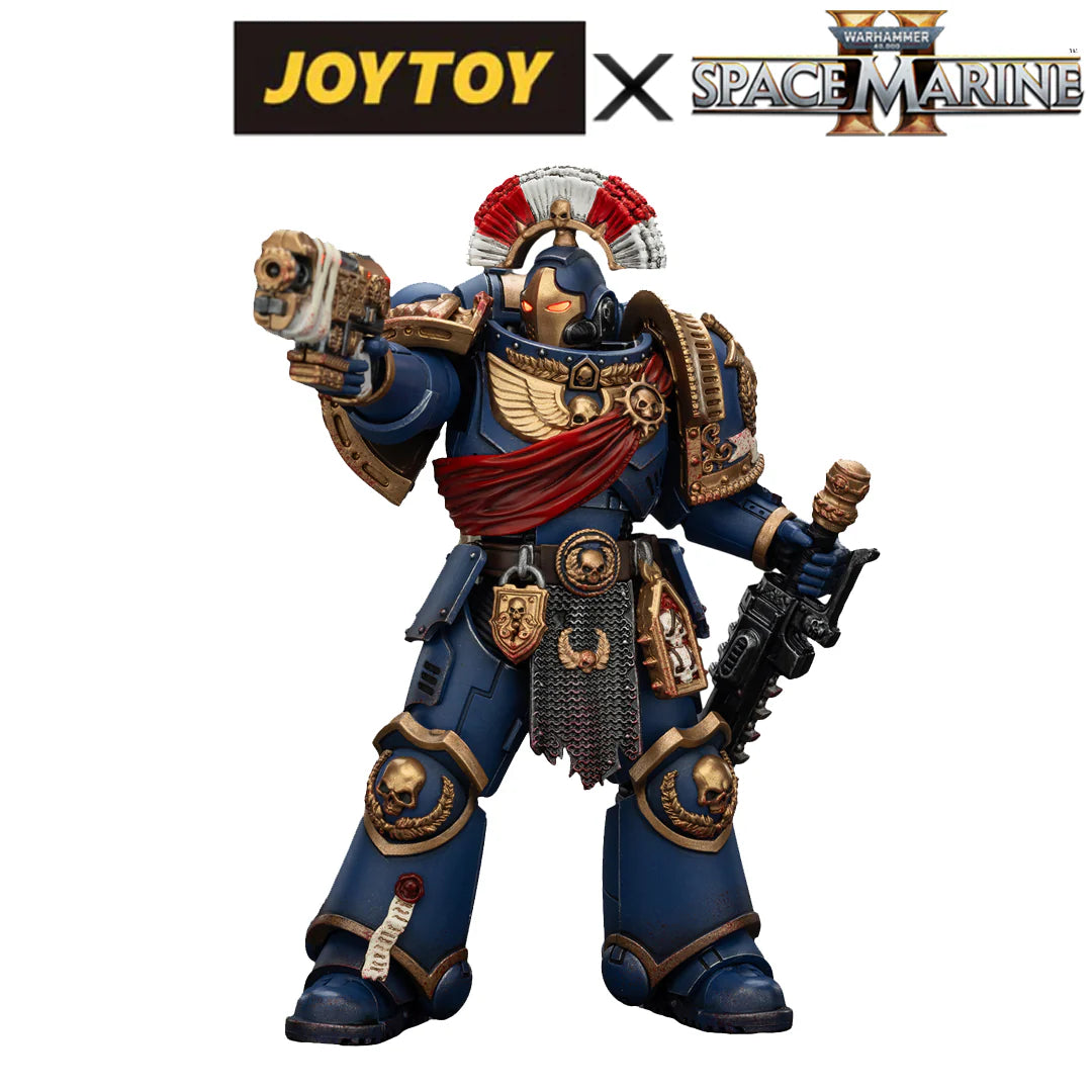 Warhammer 40,000: Space Marine 2 Ultramarines Relic Secundus Armor with Artificer Bolt Rifle, Chainsword and Bolt Pistol 1/18 Scale Action Figure