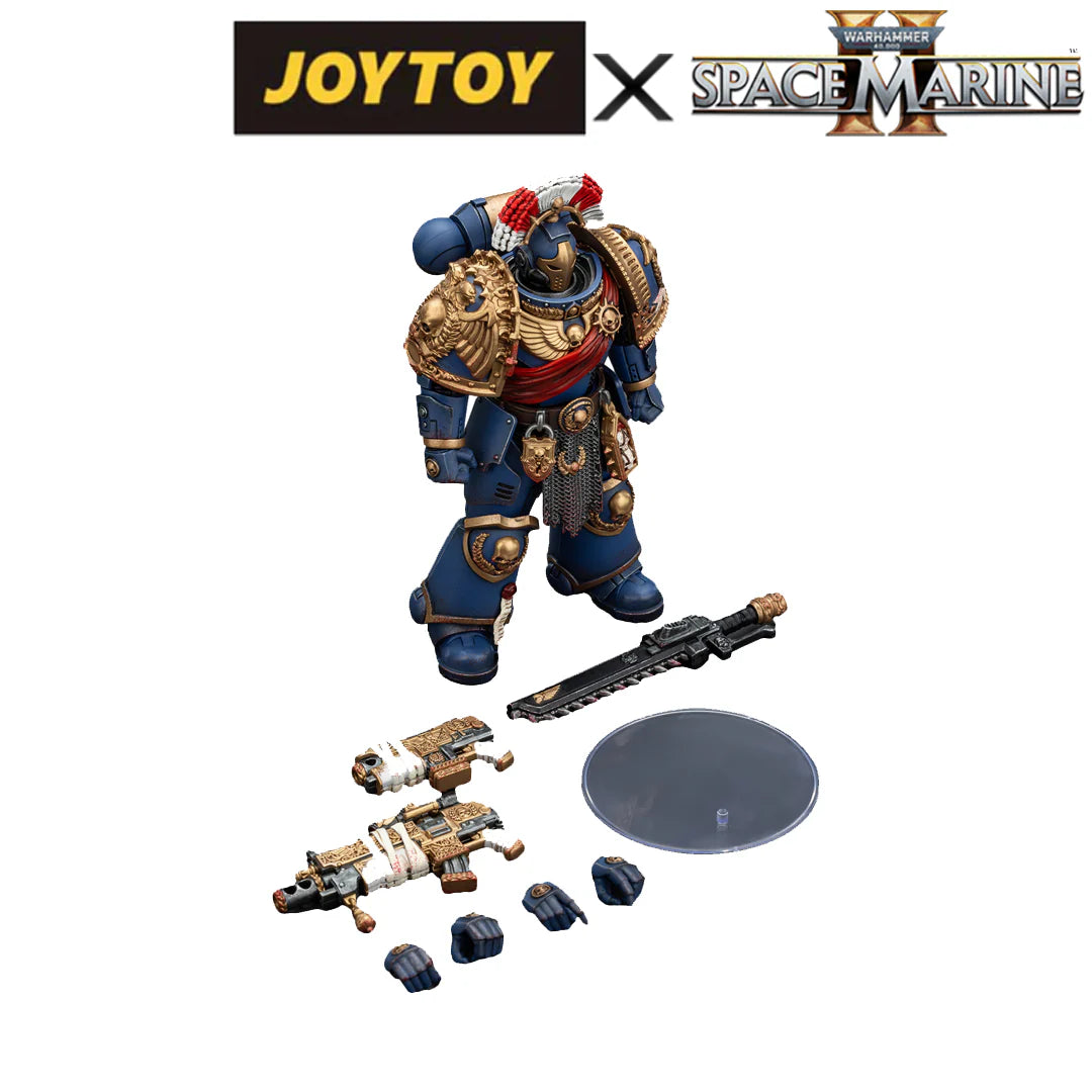 Warhammer 40,000: Space Marine 2 Ultramarines Relic Secundus Armor with Artificer Bolt Rifle, Chainsword and Bolt Pistol 1/18 Scale Action Figure