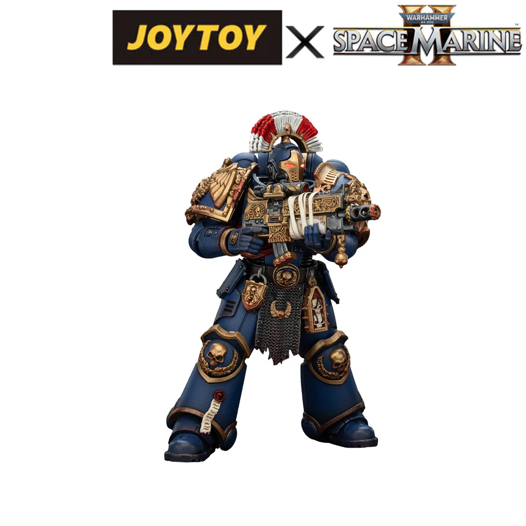 Warhammer 40,000: Space Marine 2 Ultramarines Relic Secundus Armor with Artificer Bolt Rifle, Chainsword and Bolt Pistol 1/18 Scale Action Figure