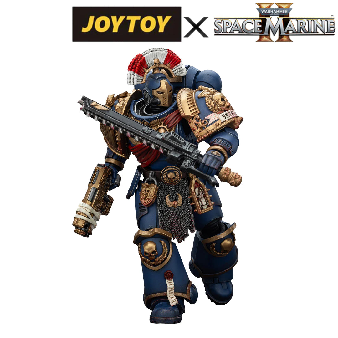 Warhammer 40,000: Space Marine 2 Ultramarines Relic Secundus Armor with Artificer Bolt Rifle, Chainsword and Bolt Pistol 1/18 Scale Action Figure