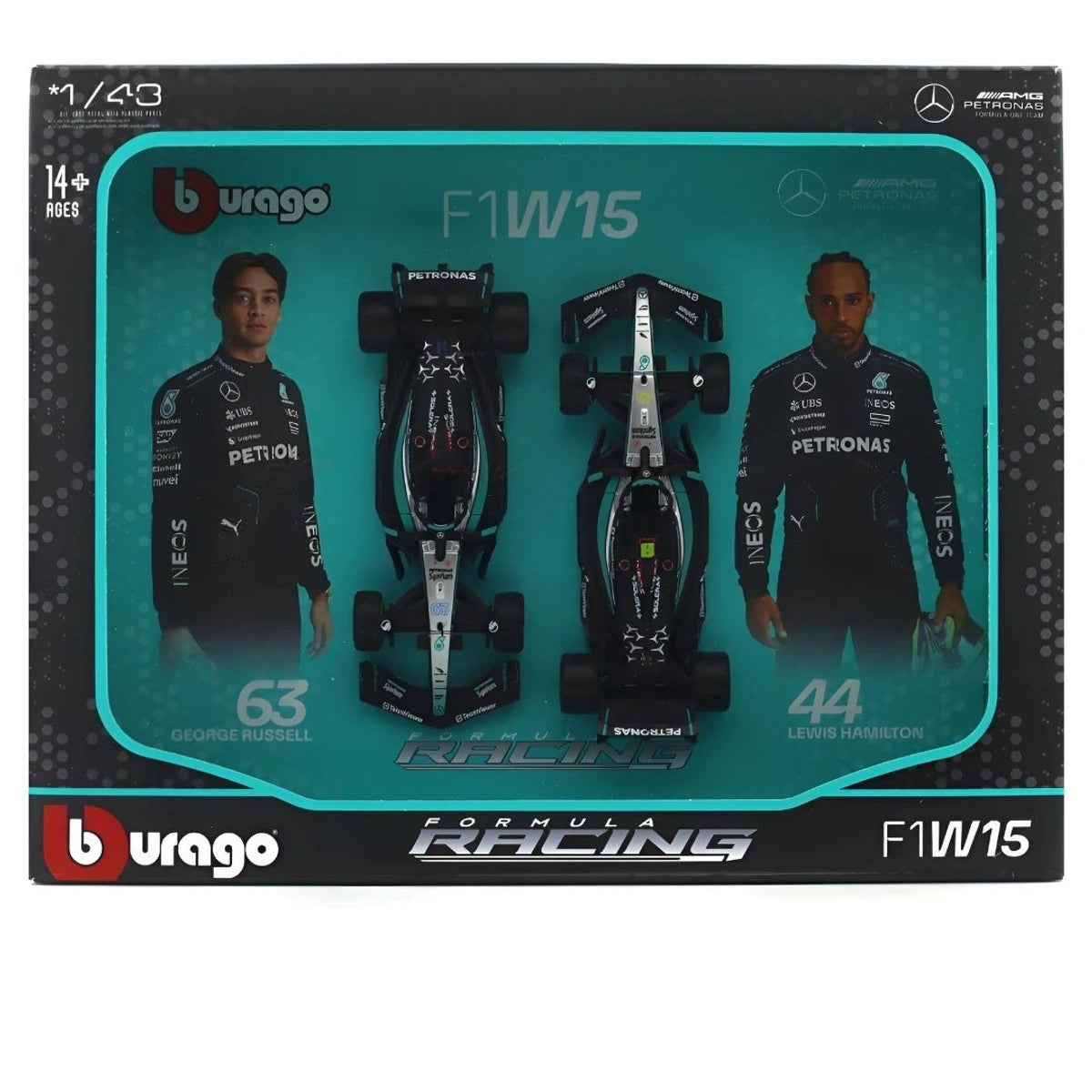 Bburago 1/43 Mercedes-AMG W15 Performance Set of 2 F1 Models #44 Lewis Hamilton #63 George Russel