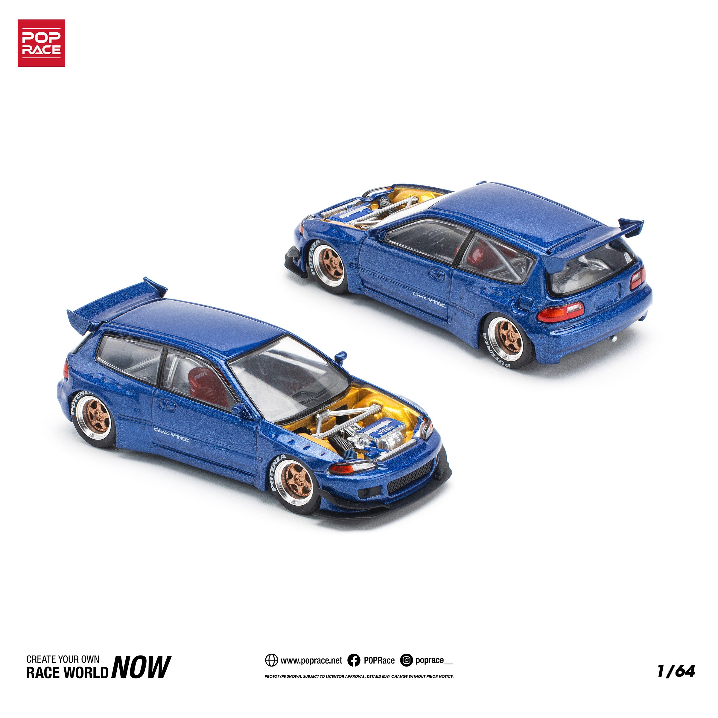 PANDEM CIVIC EG6 METALLIC BLUE WITH OPEN HOOD PR640174 by Pop Race