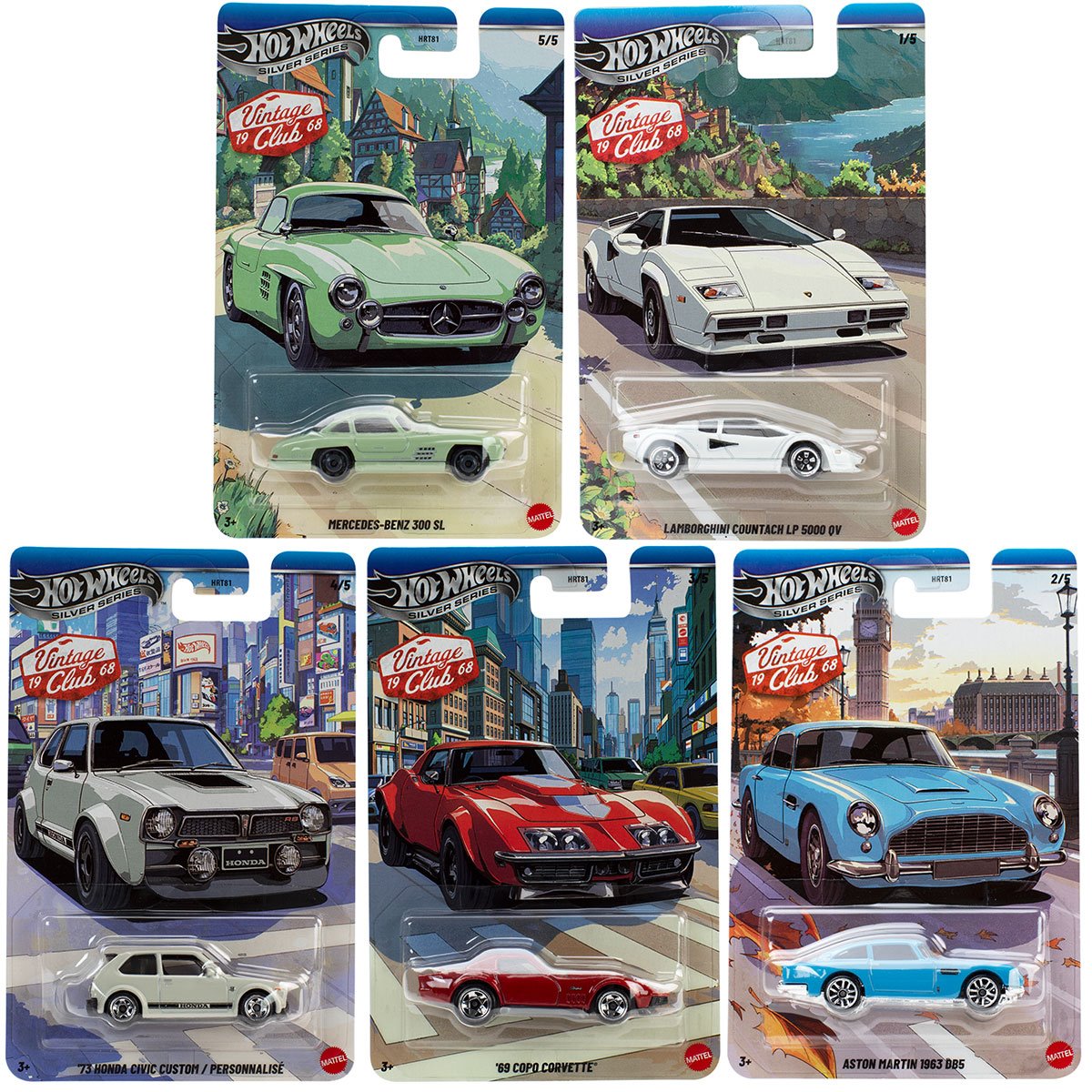Hot Wheels Silver Series Vintage Club National Icons Vehicle Set of 5 Imported Mainline 1:64 Scale