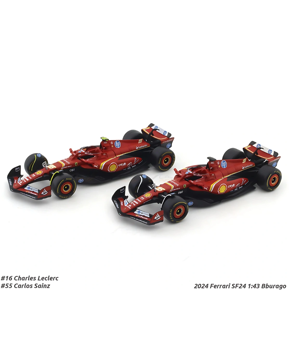 Bburago 1/43 Ferrari SF-24 Set of 2 Formula 1 Models #16 Charles Leclerc & #55 Carlos Sainz