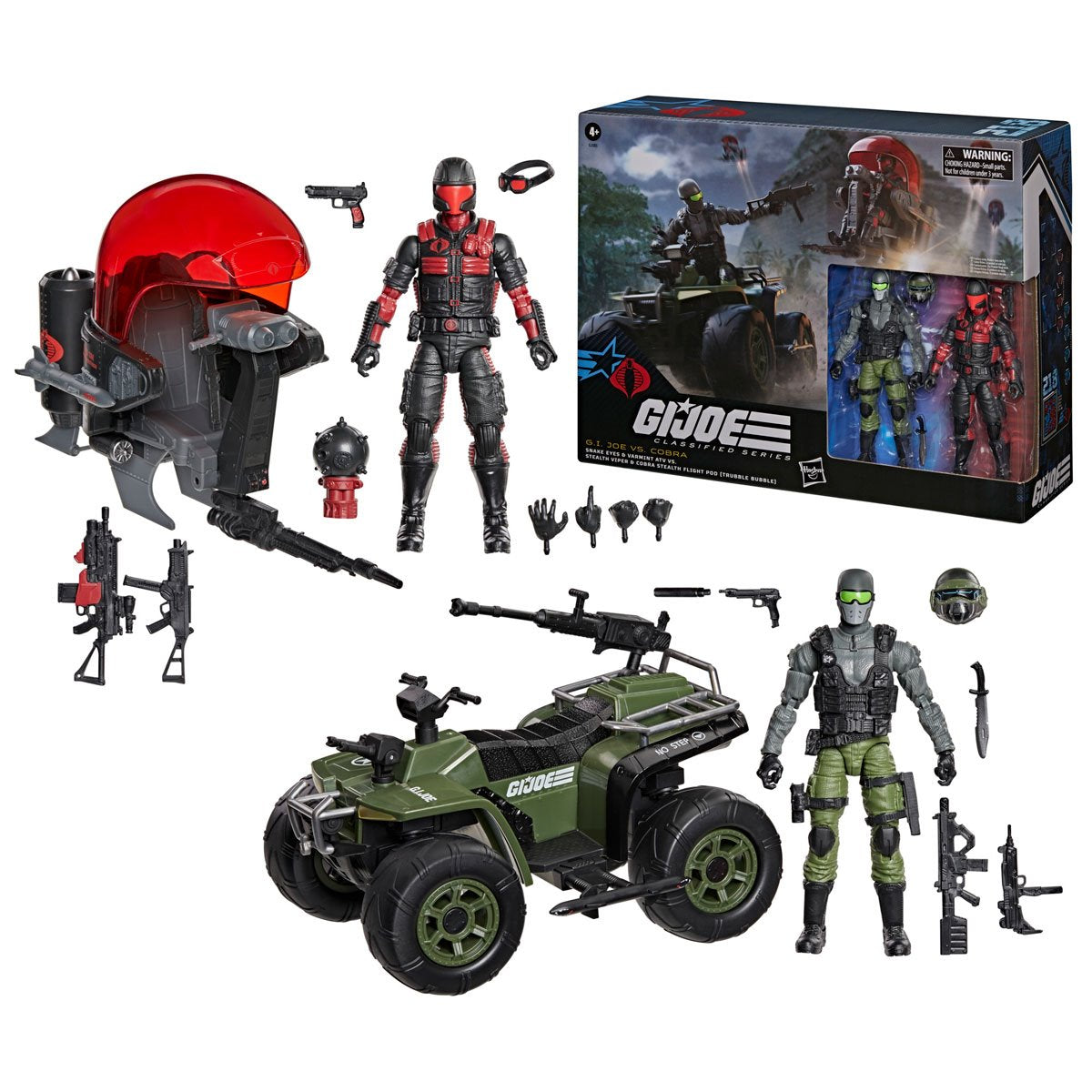 G.I. Joe Classified Series Snake Eyes & Varmint ATV vs. Stealth Viper & Cobra Stealth Flight Pod (Trubble Bubble) Set