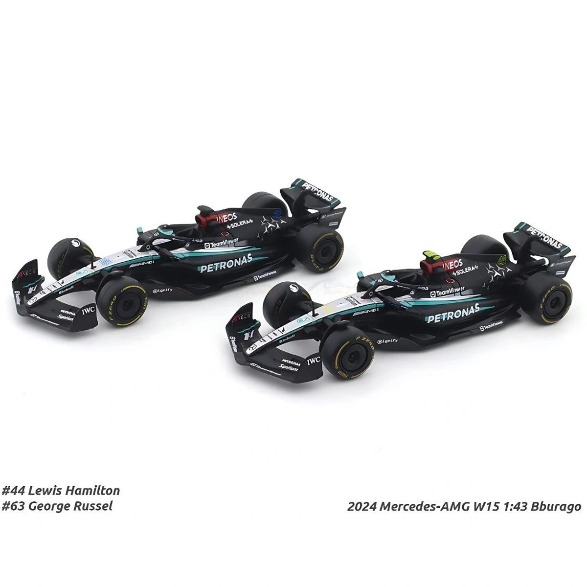 Bburago 1/43 Mercedes-AMG W15 Performance Set of 2 F1 Models #44 Lewis Hamilton #63 George Russel