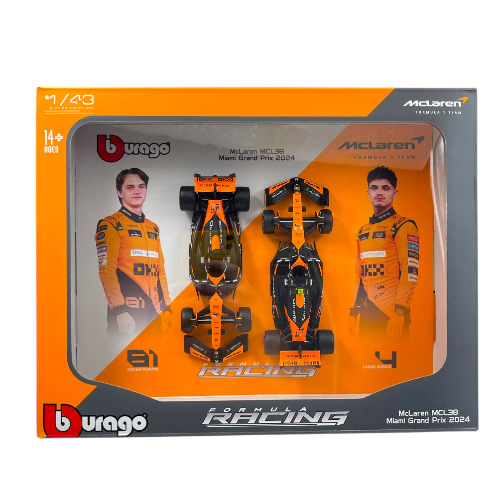 Bburago 1/43 McLaren MCL38 Miami GP 2024 Set of 2 F1 Models #81 Oscar Piastri & #4 Lando Norris